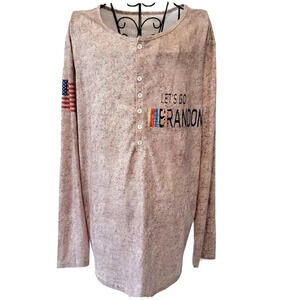 MAGA Let's Go Brandon Shirt Large Men's Henley American Flag L/S Tan Camo